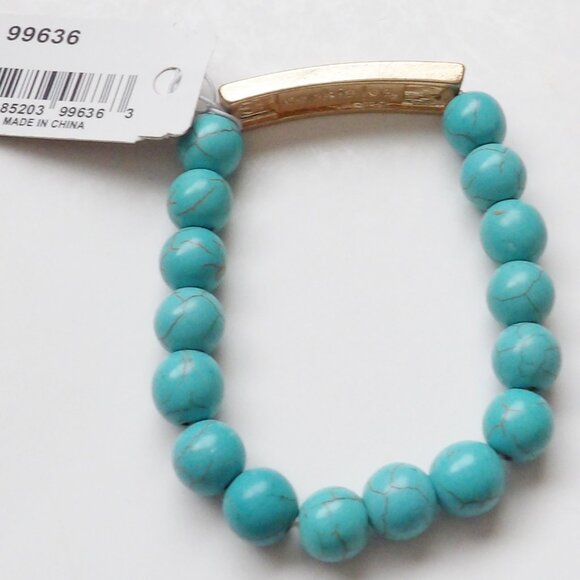 Cookie Lee NWT Turquoise Colored Bead Stretch Bracelet w/ Rhinestone Bar - Picture 3 of 10